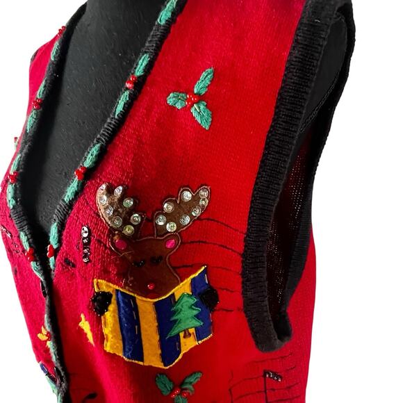 Vtg Christmas Sweater Vest Elf Santa Reindeer Music Beaded Sz XL Bobbie Brooks - Picture 10 of 16